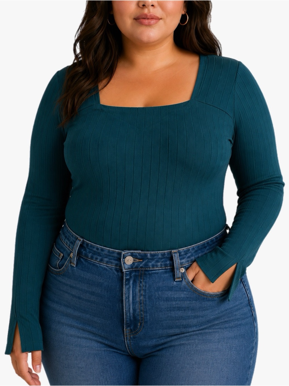 NWT It’s Fashion Ribbed Square Neck Bodysuit Size 2X Teal Long Sleeve Top